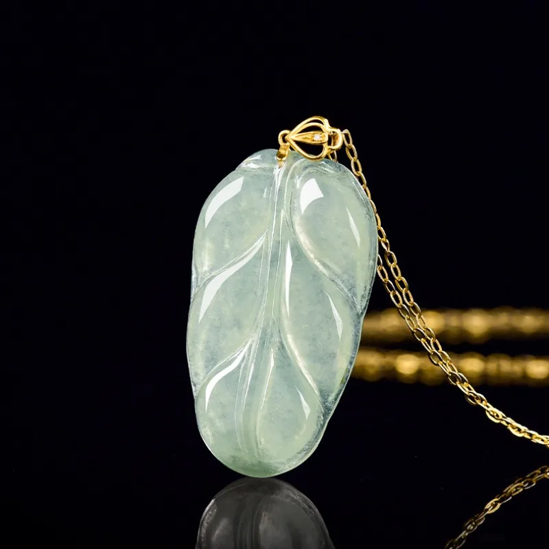 

TIMESWIND Natural Myanmar A-type Jade Light Green Leaf Three-D S925 Silver Women Necklace with Certificate