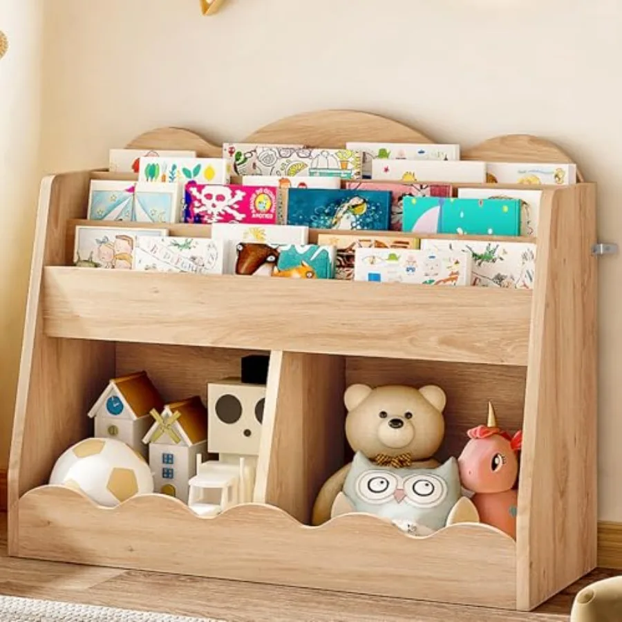 Bookshelf and Toy Storage 's Bookcase with 2 Toy Cubes Toddler Book Shelf for Room Wooden Book Organizer for Playroom Nursery L