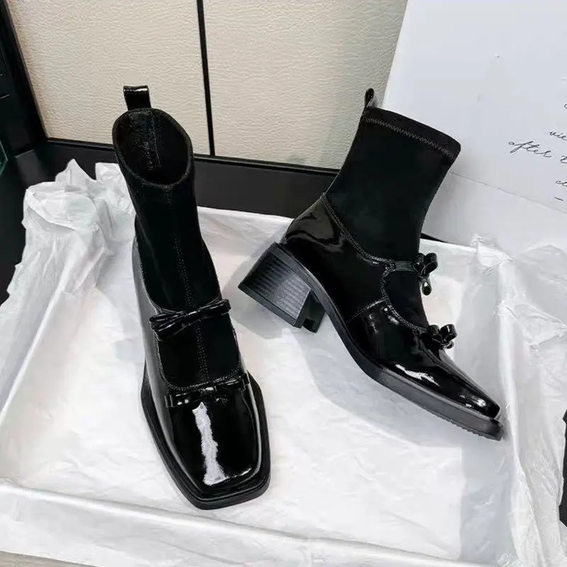 Women Square Toe Double Bow Stretch Sock Ankle Boots Chunky Block Heel Mary Jane Sock Booties Vintage Elegant Slim Winter Boots