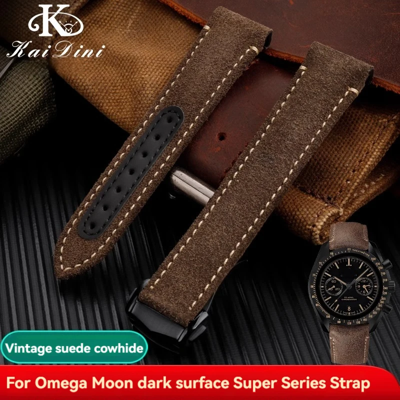 

21mm Vintage Frosted Cowhide Strap for Omega Moon Speedmaster Dark Side 311.92.44 Retro Suede Deployant Clasp Watchband Brown