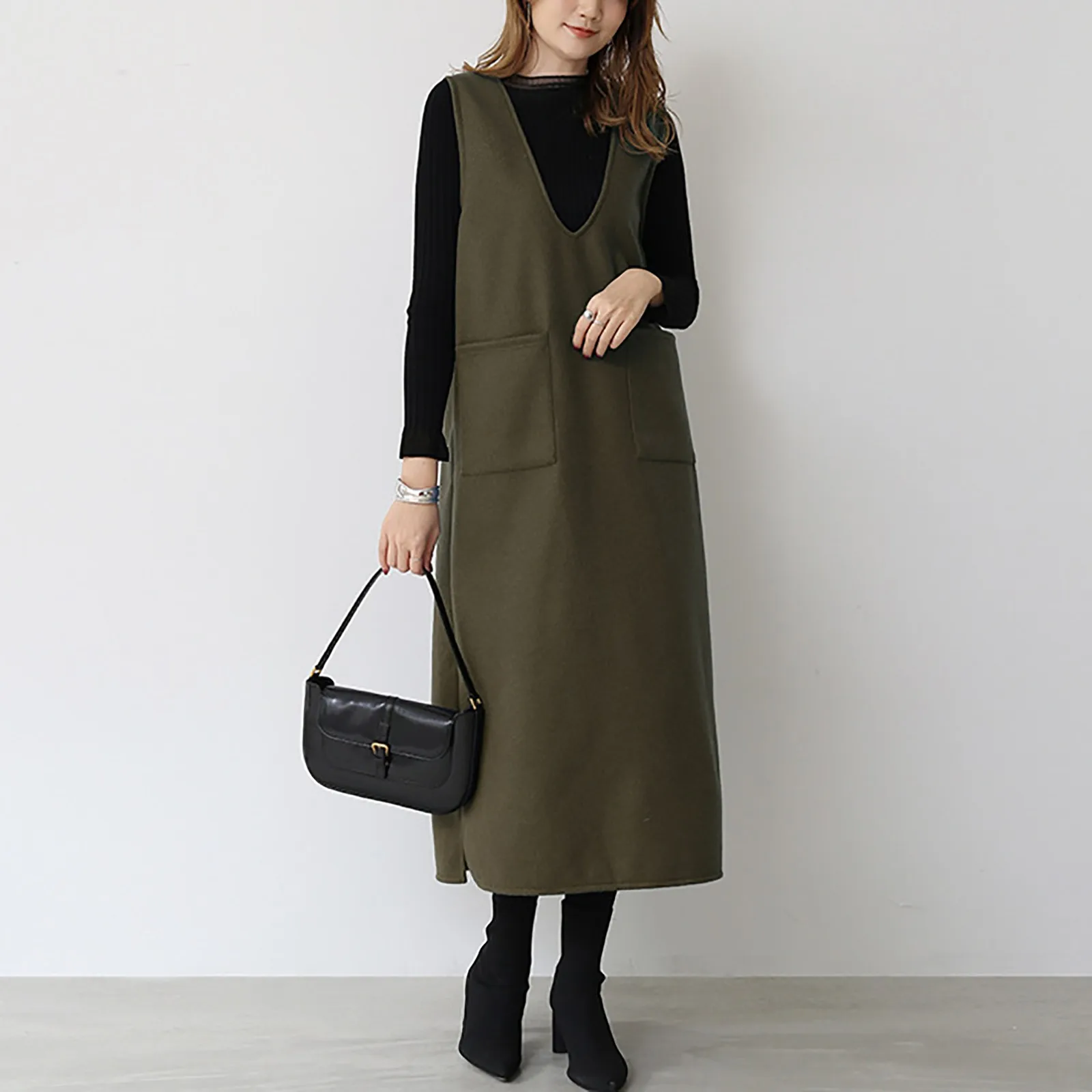 Women Autumn Sweater Dress Large V Neck Sleeveless Knitted Solid Long Pockets Split Overall Dress Ladies Fashion Versatile Dress