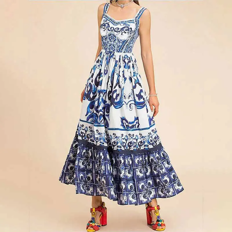 Primavera novo feminino boho elegante comprimento médio vestido suspensor estampado de estilo grande