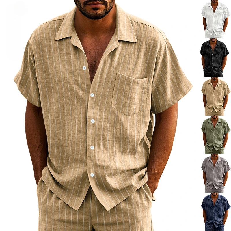 

Men Summer Linen Cotton Jacquard Shirt Striped Lapel Loose Breathable Casual Men's Short Sleeve T Shirt Top