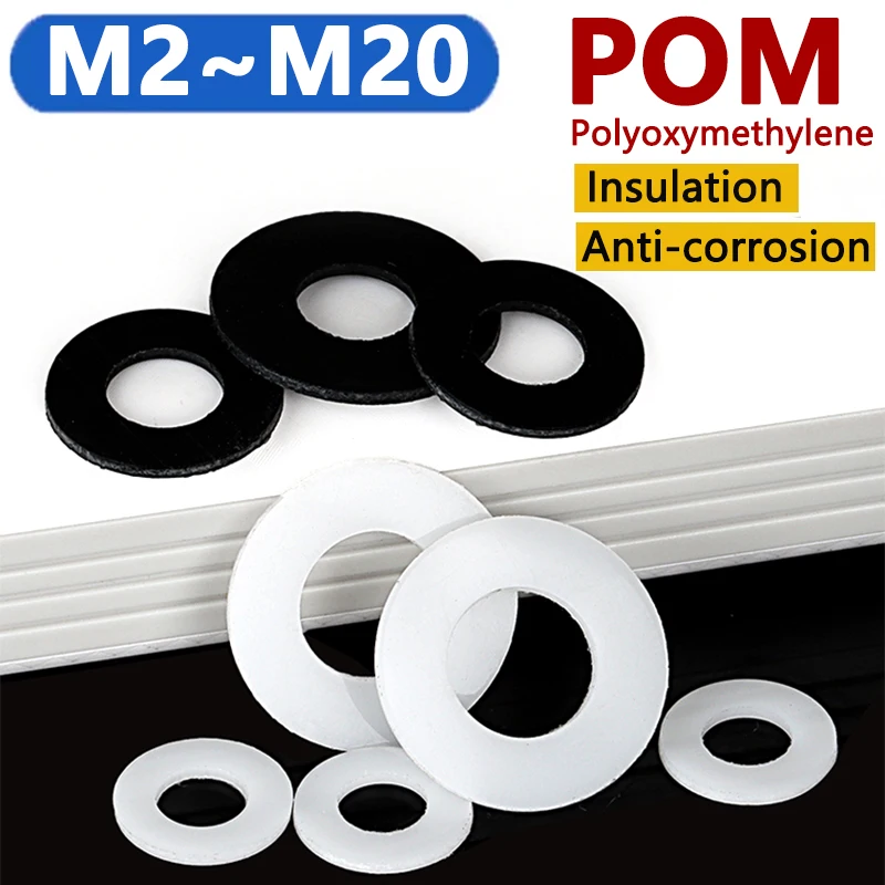 M2-M20 White/Black POM Flat Gasket High Strength Hard Insulated Plastic Washer Spacer Thickness 0.3/0.5/0.8/1/1.5-5mm OD 4-30mm