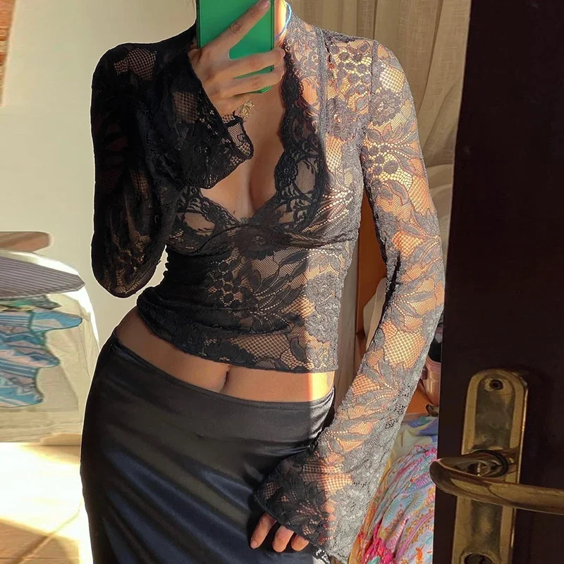 Women Y2k Lace See Through Tee Shirt Sexy Sheer Mesh Long Sleeve Crop Top Low Cut Floral Lace Slim Fit Shirt Summer Cover Ups