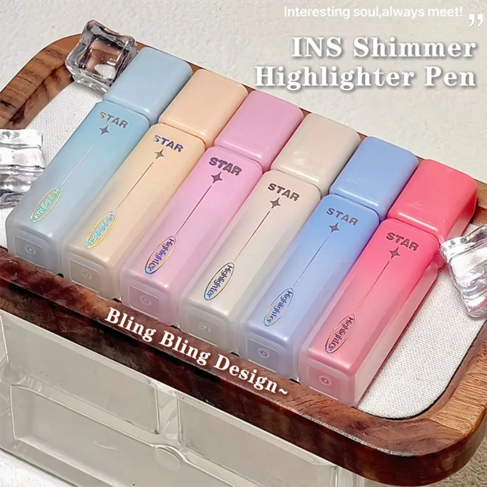 

6pcs Bling Bling Shimmer Highlighter Quick-dry 6 Colors Fluorescent Pen Chisel Tip Highlighter Pen Scrapbooking