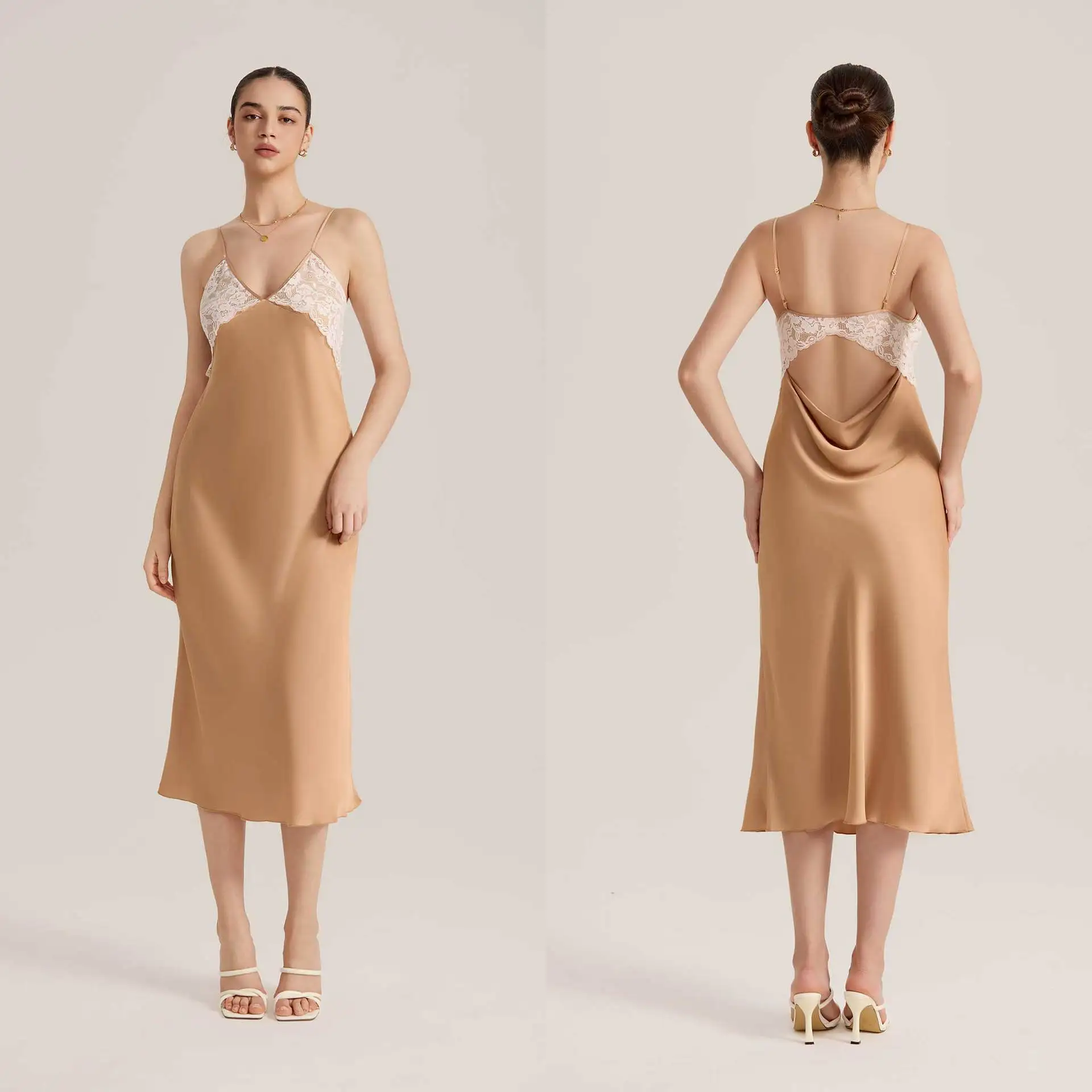 Female Long Nightgown Chemise Sleepwear Sexy Lace Applique Backless Lingerie Nightdress Ice Silk Nightwear