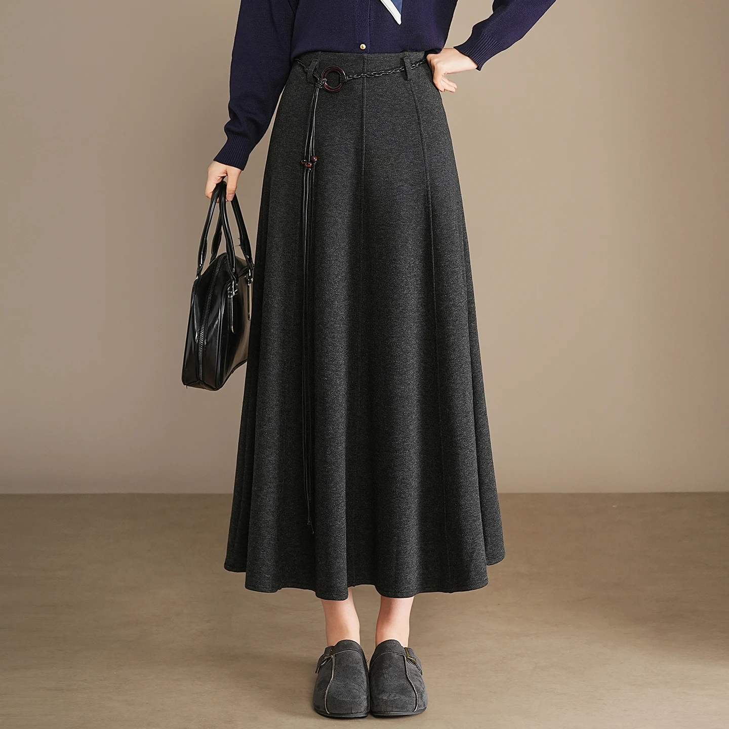 

High Waist A-Line Wool Skirt Women's Autumn Winter New Sle Slimming Drapey f-length Skirt Korean Sle Commute Skirt