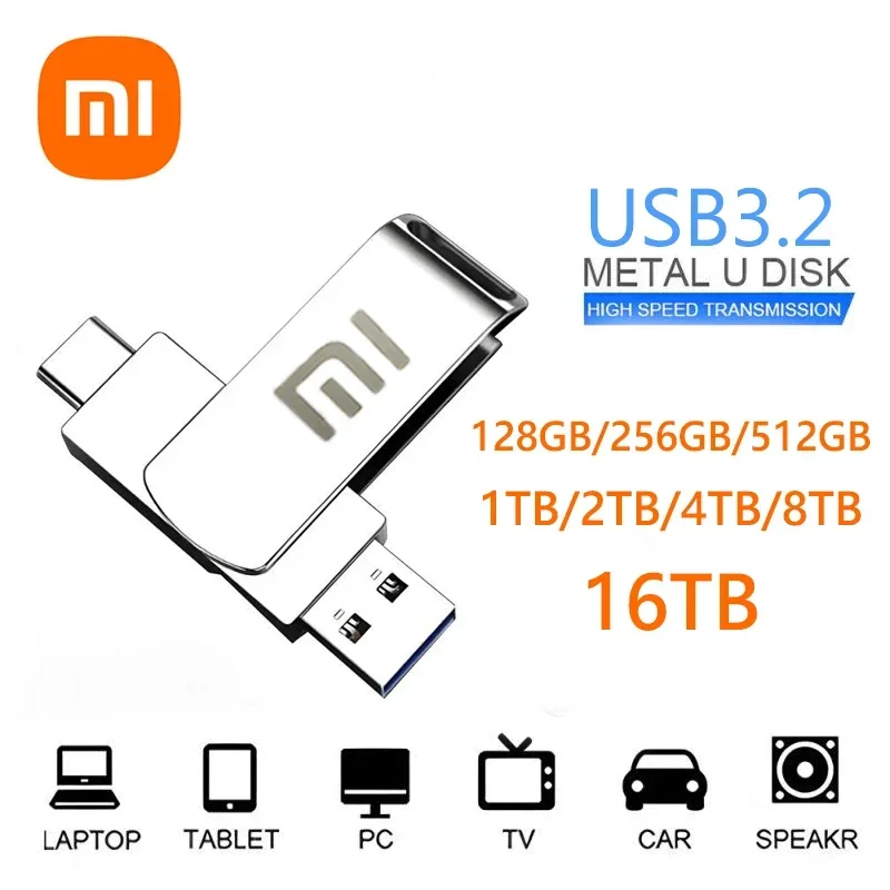 샤오미 USB 3.2 플래시 드라이브, 대용량 고속 전송, 금속 플래시 펜 드라이브, 방수 휴대용 메모리 스틱, 16TB