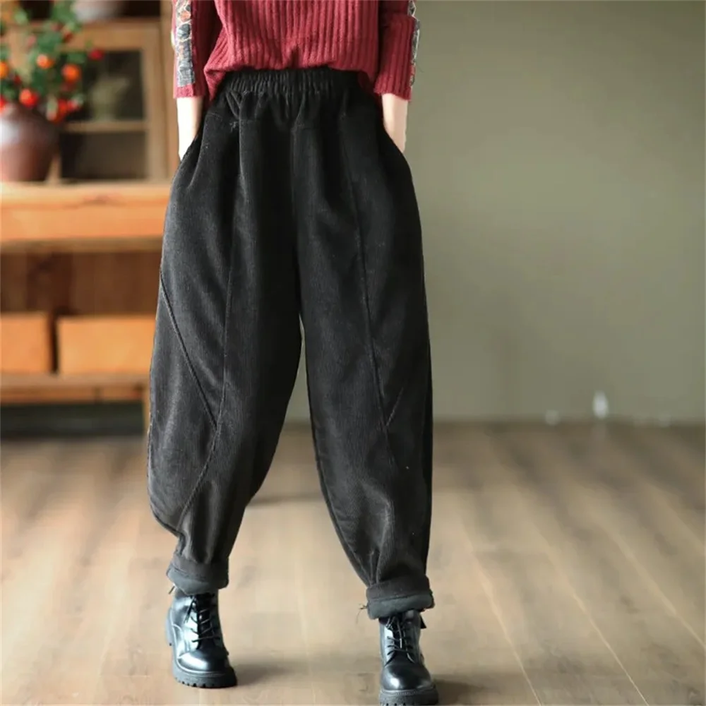 2024 New Arrival Spring Autumn Women Vintage Patchwork Ankle-length Pants Casual Loose Corduroy Elastic Waist Harem Pants K072