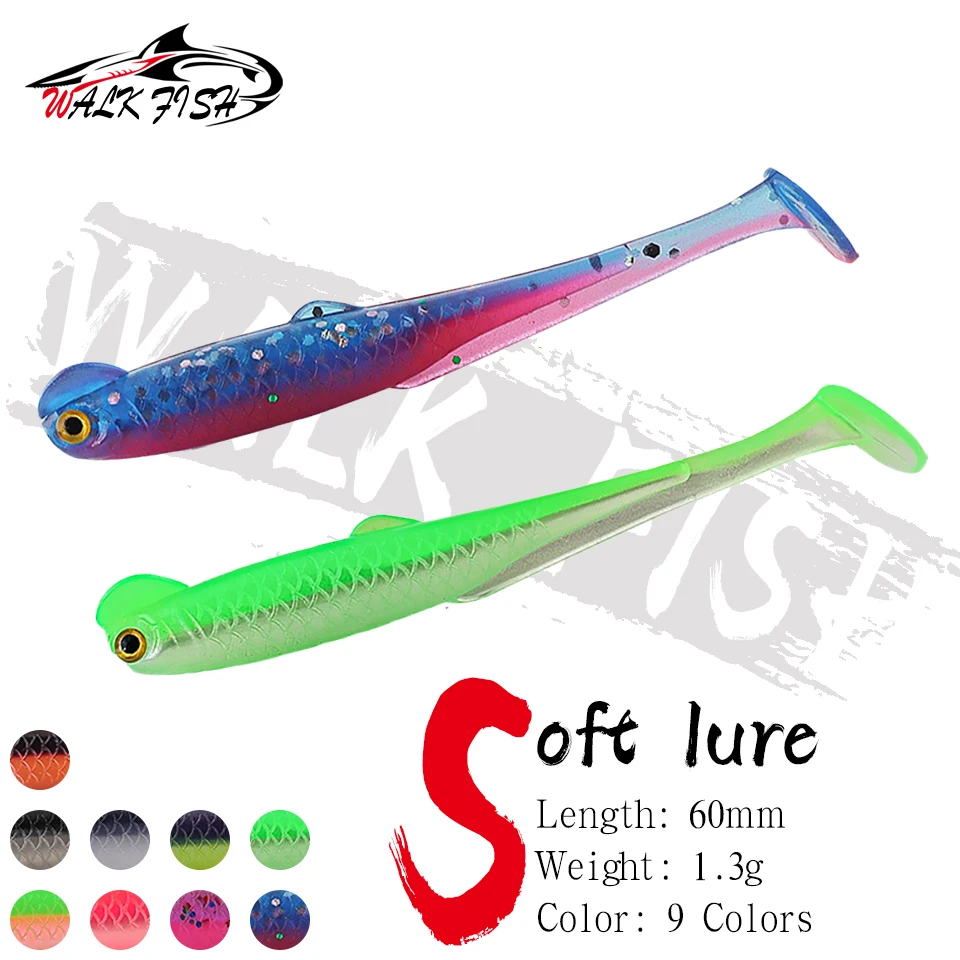 WALK FISH 10 Stück 6cm 1,3g T-Soft-Köder aus PVC, bionischer Kunstköder, lebensechte 3D-Augen, für Meerbarsch, Forelle, Multi-Rig-Action