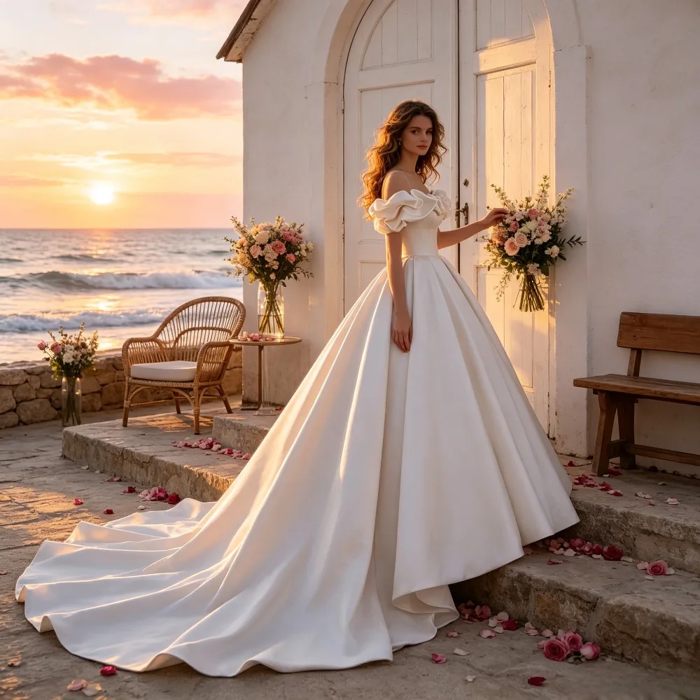 Customized 2026 Off Shoulder Satin Fluffy Princess Wedding Dress  Waist Cinched and Sleeveless Long Style Elegant Bridal Gown