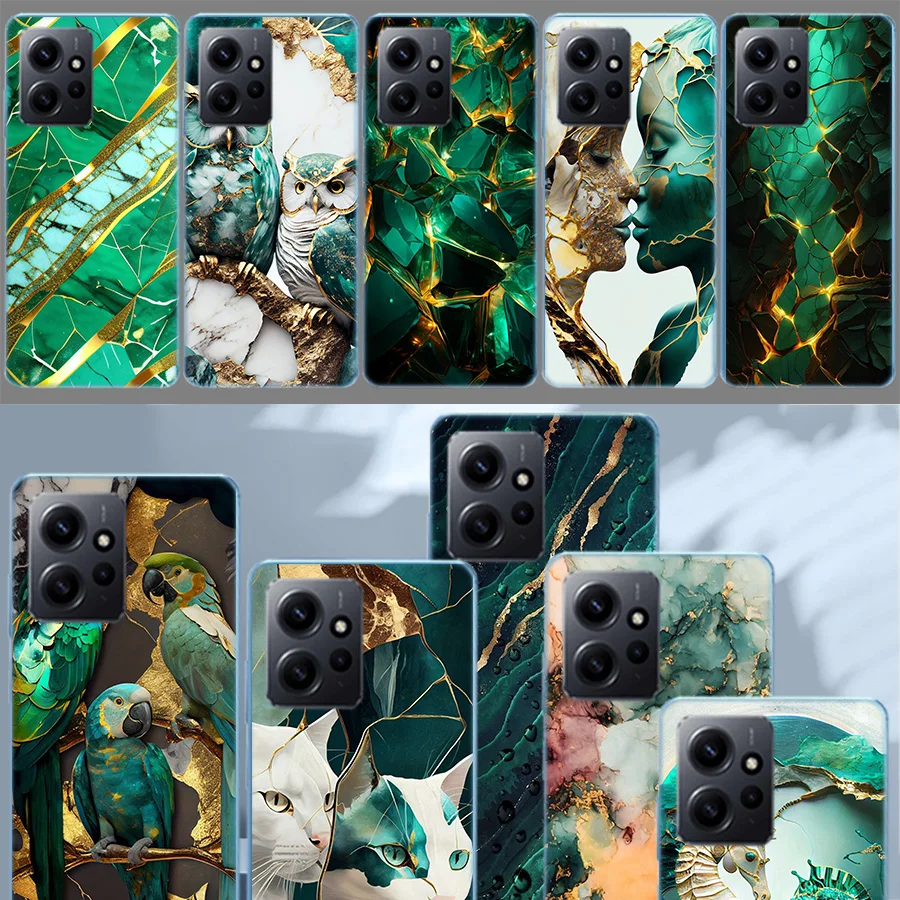 Gold Colored Malachite Tiles Case For Xiaomi Redmi Note 12 11 Pro Plus 12S 11E 11T 11S 10 10S Phone  9 9S 9T 8 8T Pro 7 6 5 Cove