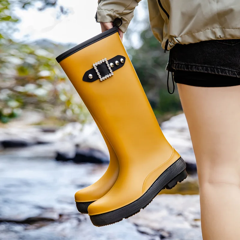 Women's High-tube Rain Boots Fashionable Travel Waterproof and Anti Slip Camping Shoes Thick Sole Women Comfortable Rubber Shoes