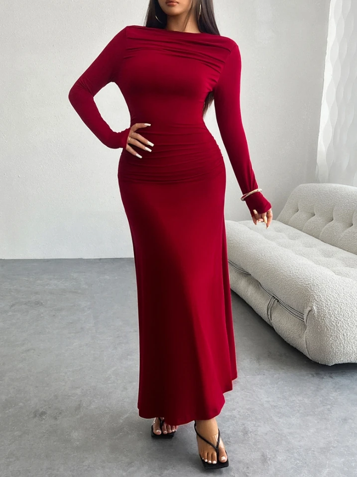 

Fashion Women's Dress Elegant Fromal Dresses Solid Color Slash Neck Ruched Long Sleeve High Waist Bodycon Wrap Hip Maxi Dress