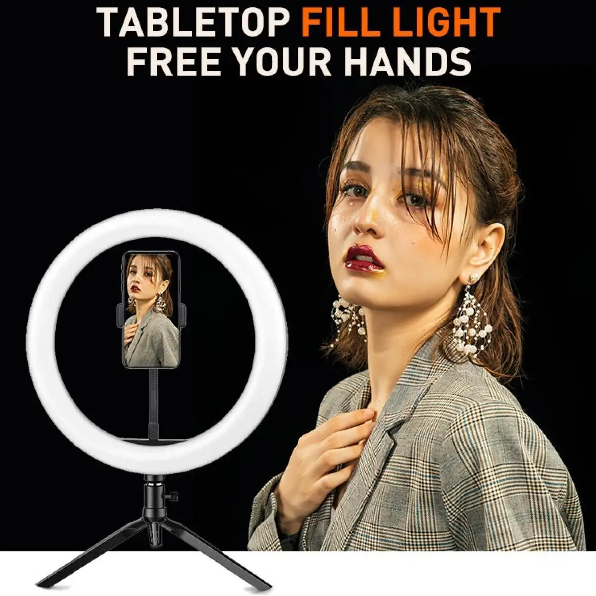 Lampu Selfie LED Ring 26cm 10 inci, Kit Pencahayaan Fotografi dengan Peredupan, Lampu Isi Ulang USB dengan Tripod untuk Video Langsung, 120 Lampu LED