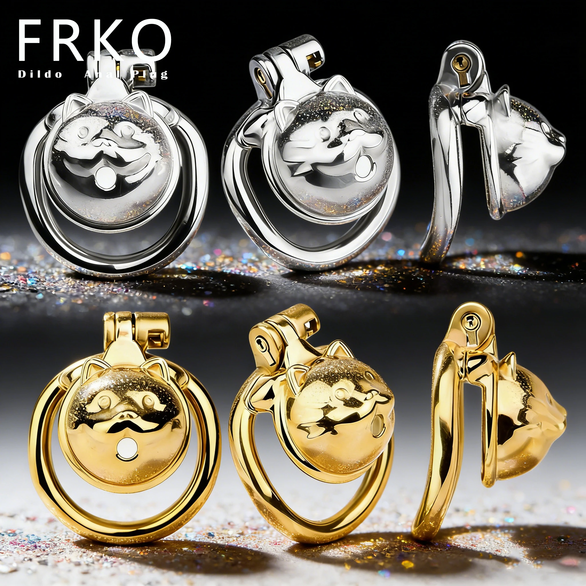 FRKO Golden/Silver Sex Toys Cat Design Sissy Male Chastity Cage Lockcock Penis Rings Anti-Cheating SM Adult Role-Playing Games 3