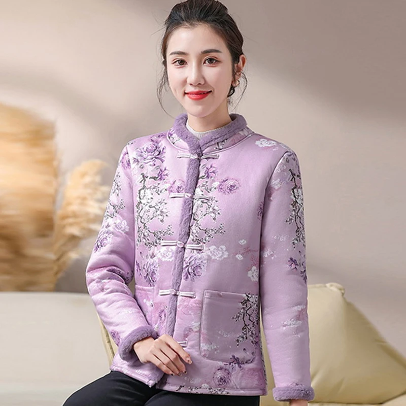 النمط الصيني القطن معطف المرأة منتصف العمر الأزهار طباعة الشتاء سترة خمر الوقوف طوق الضفدع زر دافئ مبطن ملابس خارجية جديد #3