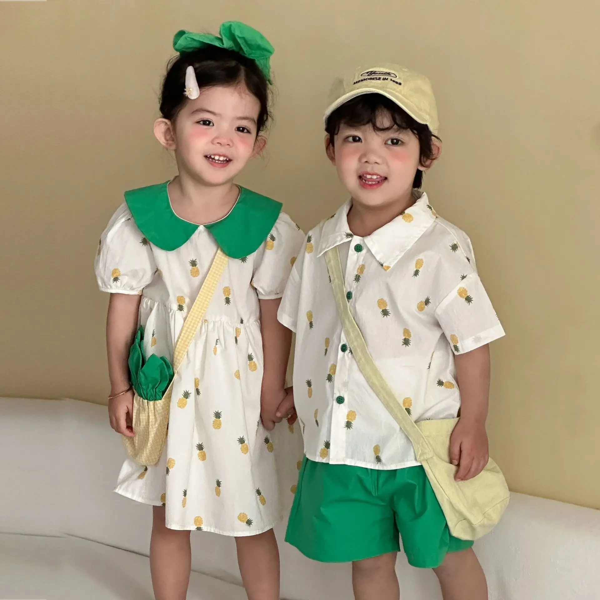 2026 Summer New Brother Sister Outfit Children Short Sleeve Clothes Set Boys T Shirts Shorts 2pcs Suit Girls Loose Dress