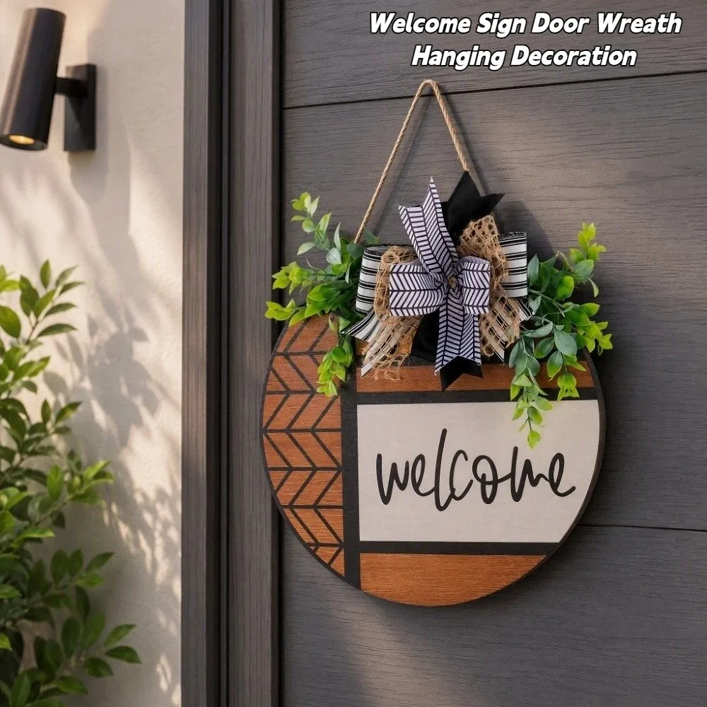 Personalized Wooden Welcome Sign Artificial Plant Round Shape Door Wreath Welcome Bow Knot Hanging Decoration Front Door