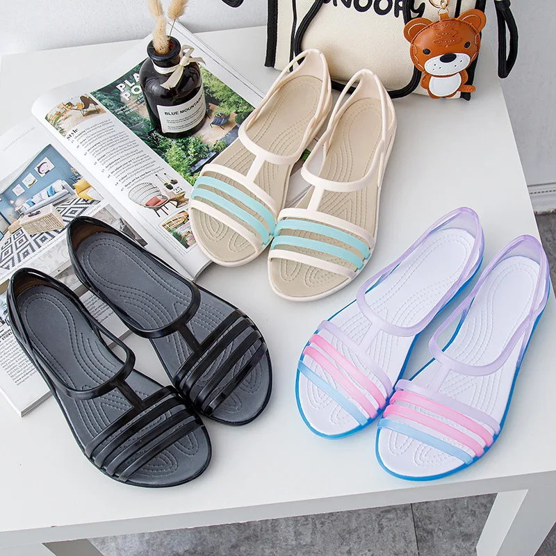 Women Jelly Shoes Rianbow Summer Sandals Female Flat Shoe Casual Ladies Slip On Woman Candy Color  Peep Toe Beach Shoes