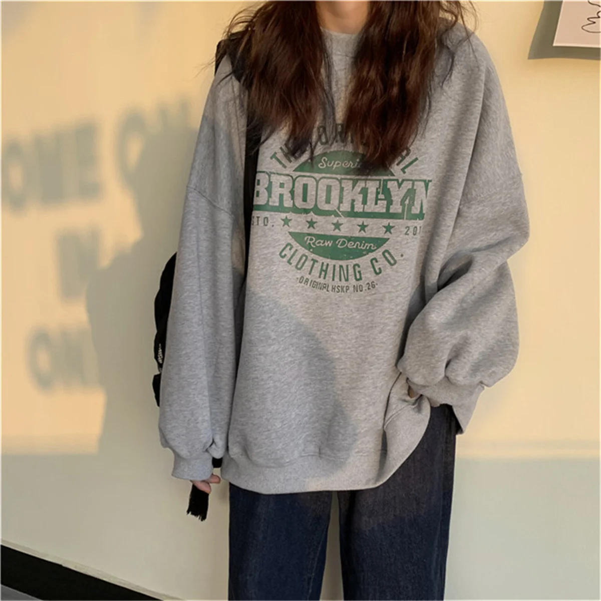 

Harajuku Gray Sweatshirts Women Hip Hop Letter Print Hoodies Oversized Loose Crewneck Pullover Tops Korean Streetwear 2024 New