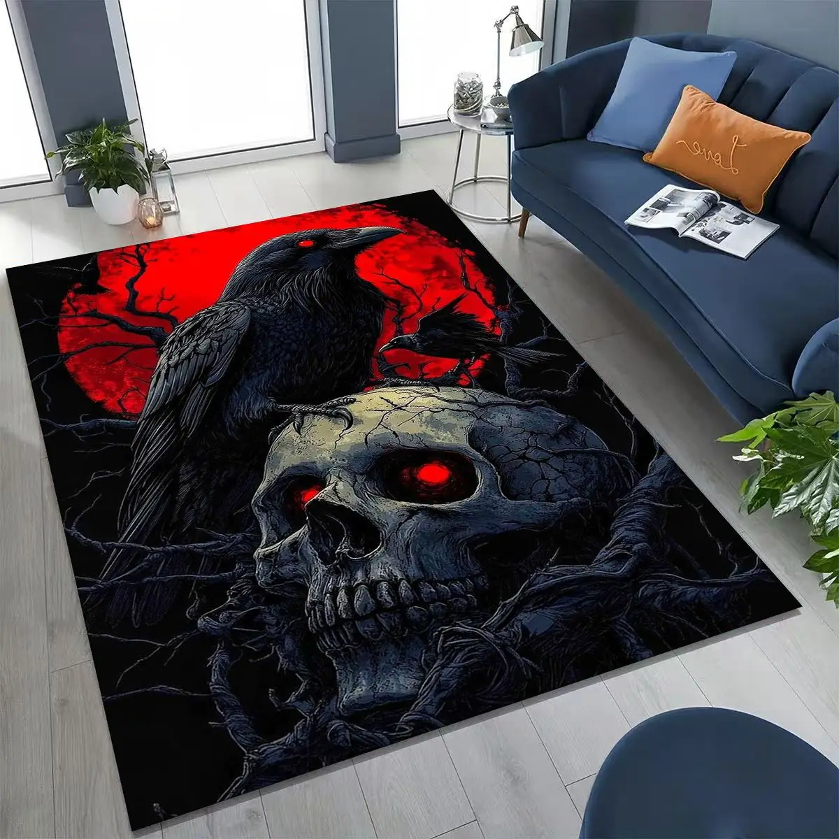 

3D Viking Oding Raven Crow Skull Huginn Muninn Norse Rug for Bedroom Living Room Sofa Home Doormat Decor,Kids Non-slip Floor Mat