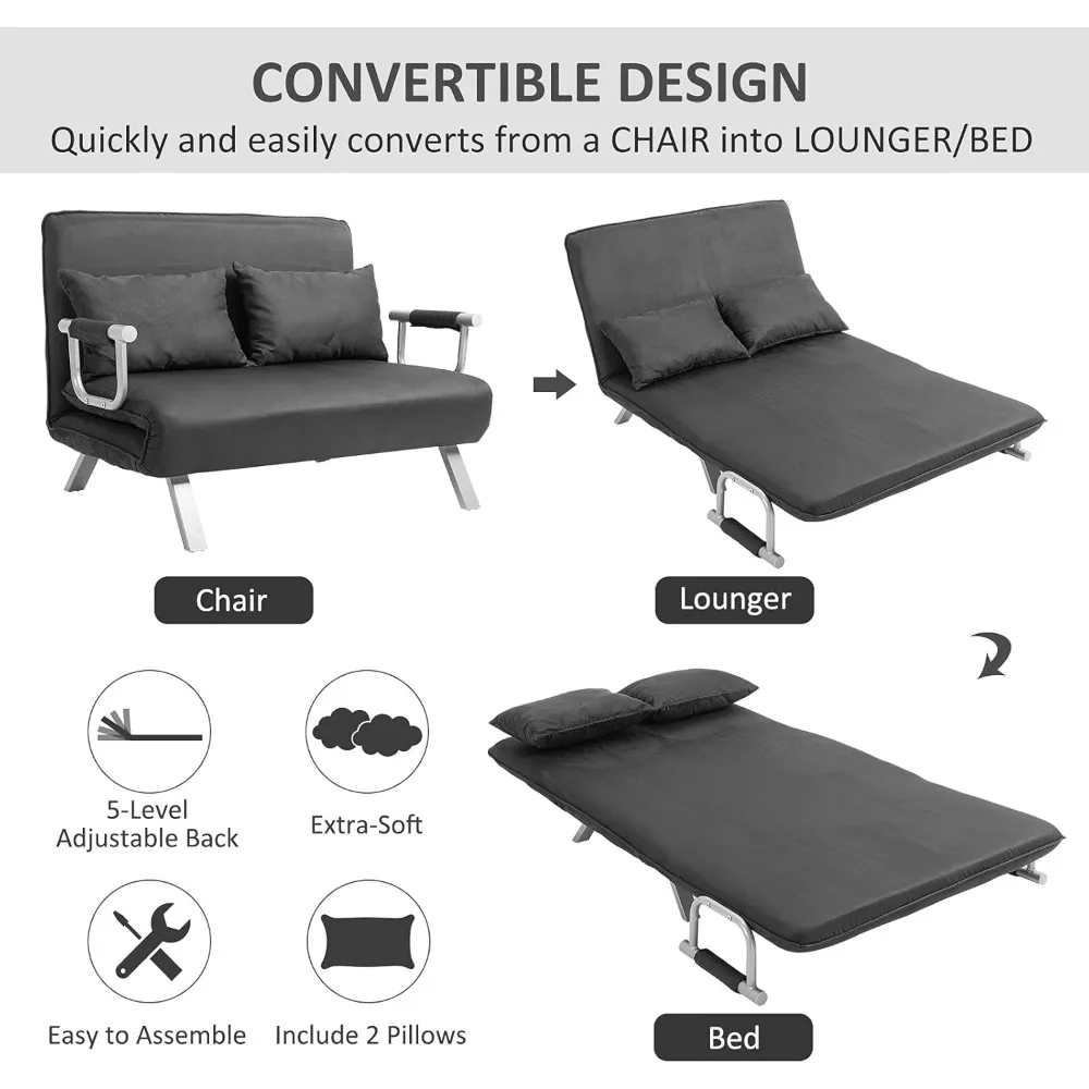 Adjustable Sofa Bed Chair with Pillows, 5-Position Reclining Sleeper Lounge