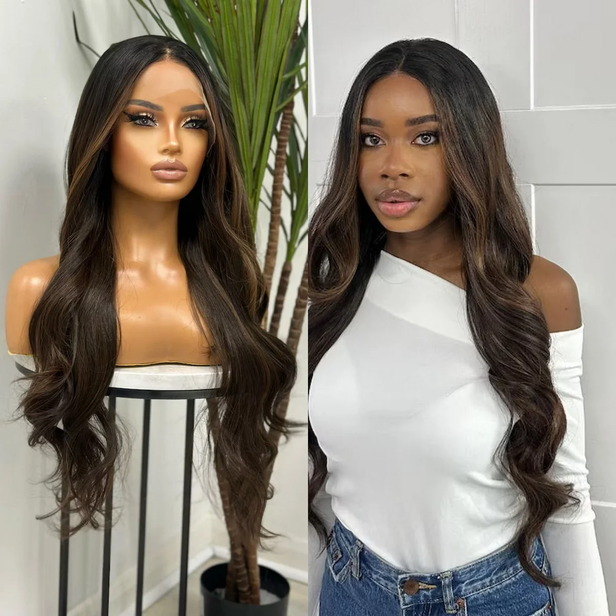 

180% Density Ombre Brown Synthetic HD Lace Front Wig with Dark Roots Realistic Hairline Wig For Women Cosplay Daily Party Used