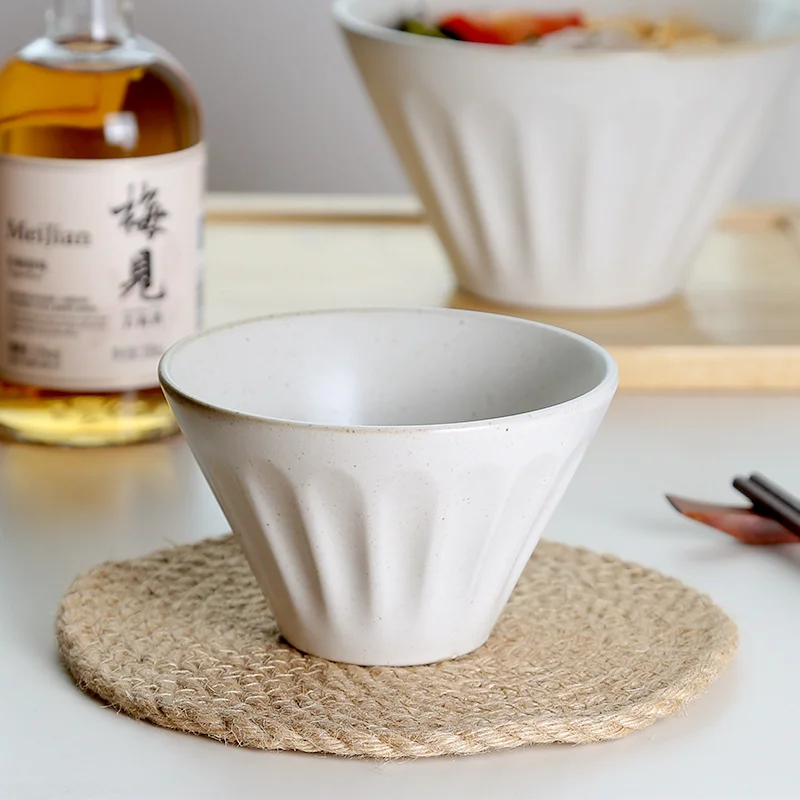 

Japanese Style Coarse Pottery Matte Embossed Ceramic Ramen Bowl Household Soup Bowl Trumpet Bowl Rain-Hat Shaped Bowl Wholesale