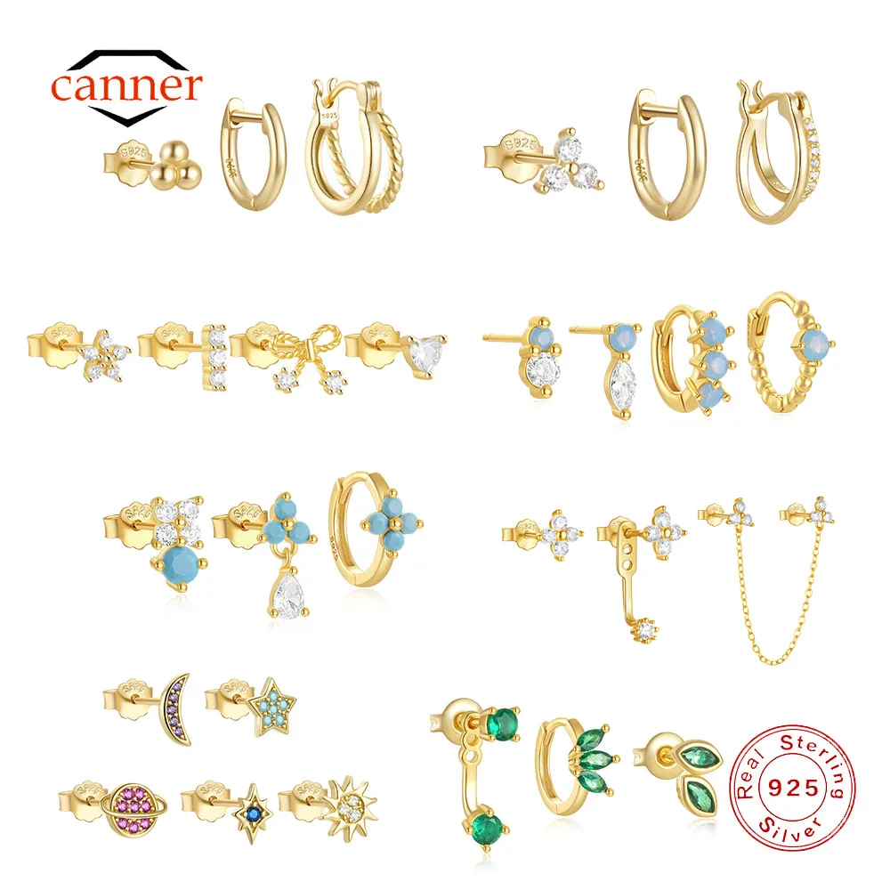 Zestaw CANNER Dwuwarstwowe gładkie klasyczne kolczyki kółka dla kobiet 925 Sterling Silver Ins Flower Color Zircon Earrings Fine Jewelry