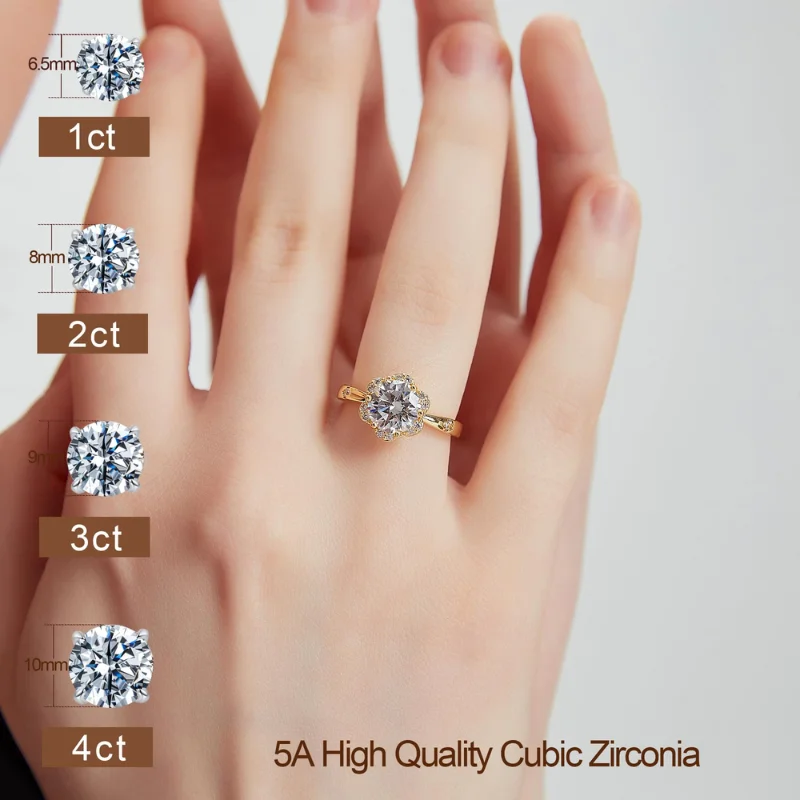 3CT Flower Shaped CZ Engagement Ring for Women, 18K Yellow Gold Plated Floral Solitaire Wedding Promise Band, Luxury Fine Jewelry for Anniversary & Holiday Gifts 2