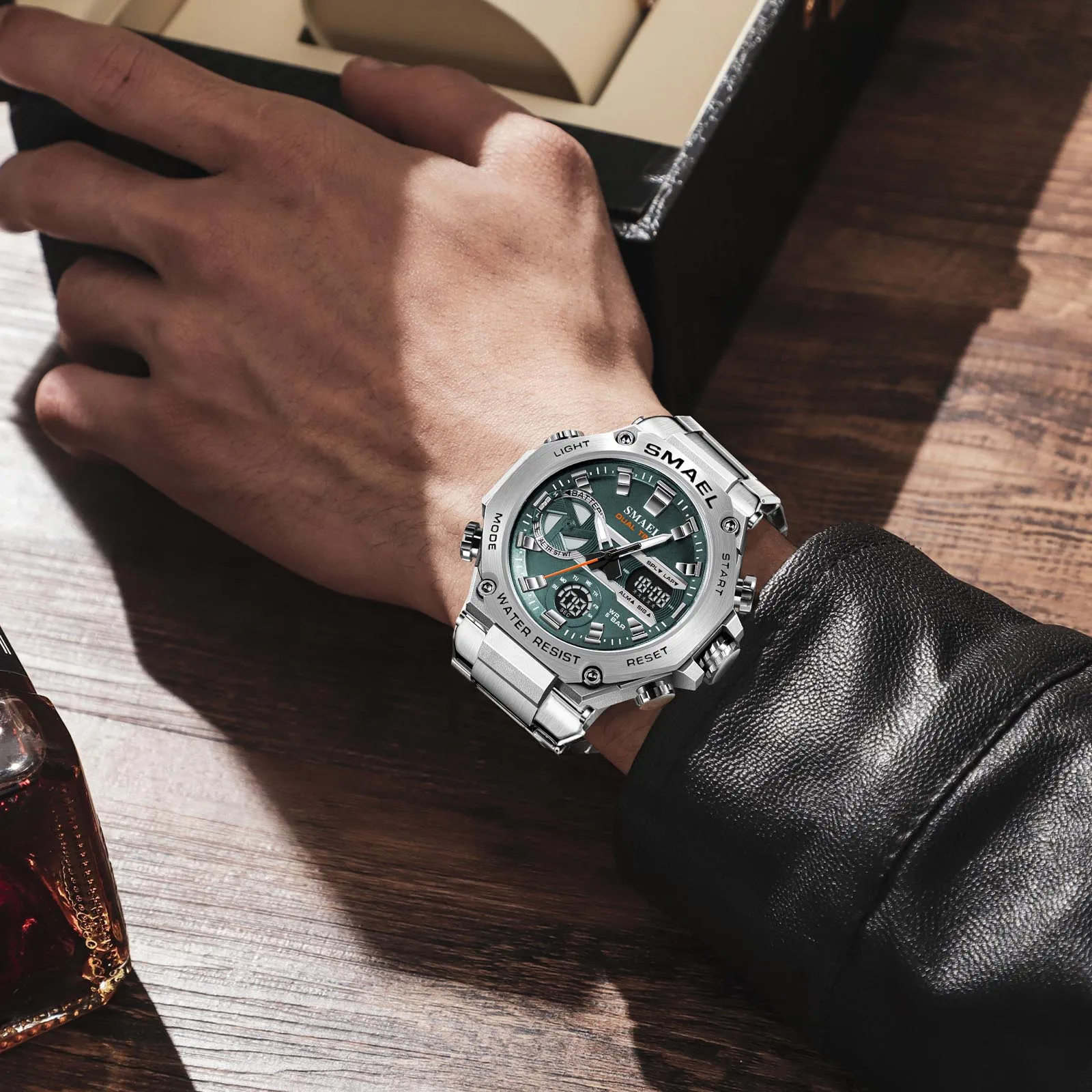 SMAEL Brand Fashion 8097 Stainless Steel Watch Sport Dual Time Luminous LED Display Quartz Digtal Watch For Men