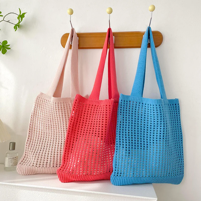 

New Solid Color Large Capacity Shopper Tote Bag Hollow Out Design Knit Women's Handbag Summer Fashion Ladies Shoulder Bag Simple