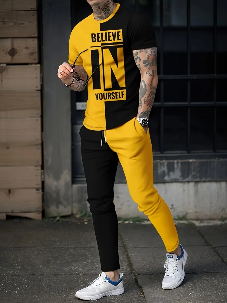 

Новинка: Мужской комплект из двух предметов в городском уличном стиле — легкий топ с коротким рукавом и брюки, выполненные с 3D-печатью