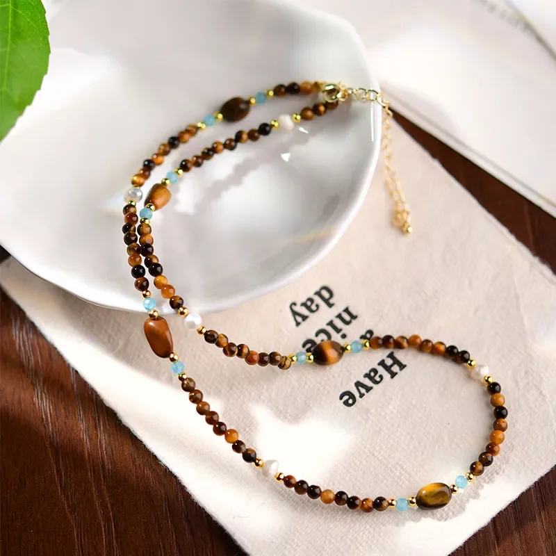 Tiger's eye stone pearl necklace ins fashion light luxury style summer stacking women's item Maillard ins style fashion