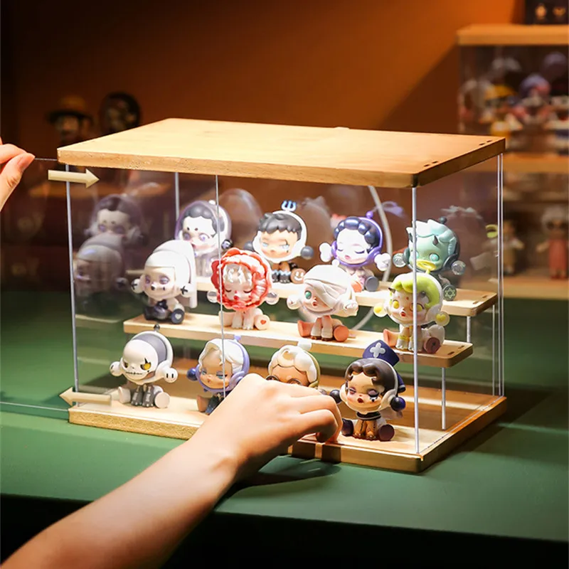 Wooden Display Box with Light, Statuette Storage Box, Acrylic Cartoon Doll Figurines Holder Organizer