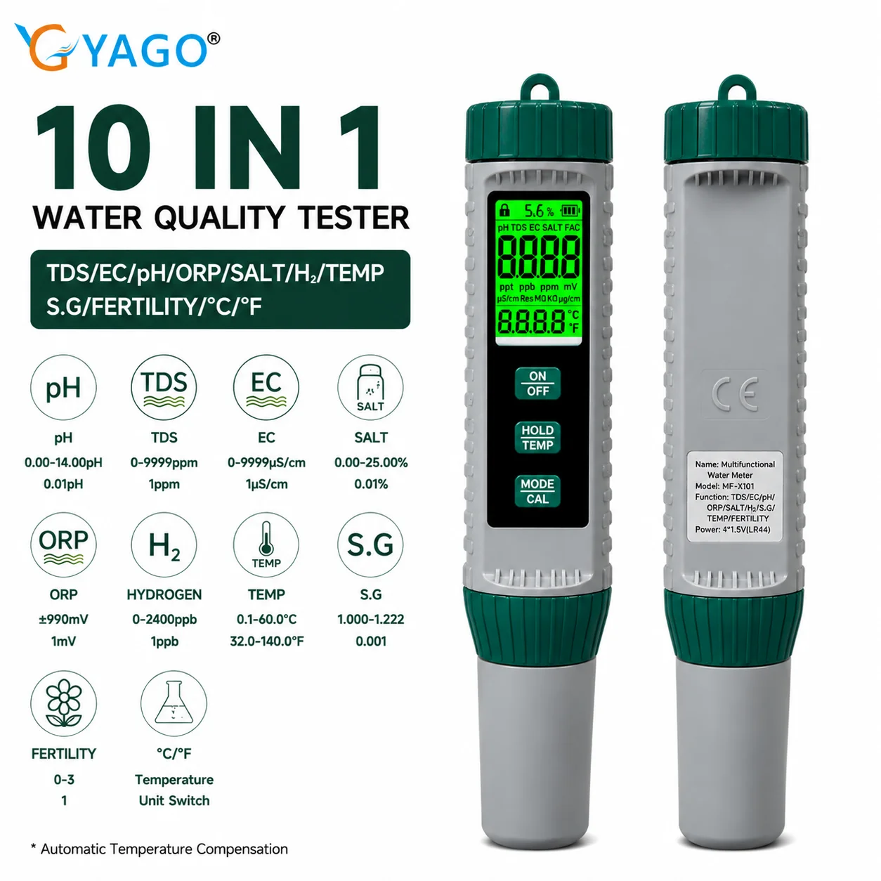 10 in 1 Water Quality Tester Digital pH TDS EC Salt ORP Meter High Precision Water Purity Monitor Detector for Aquarium Pool