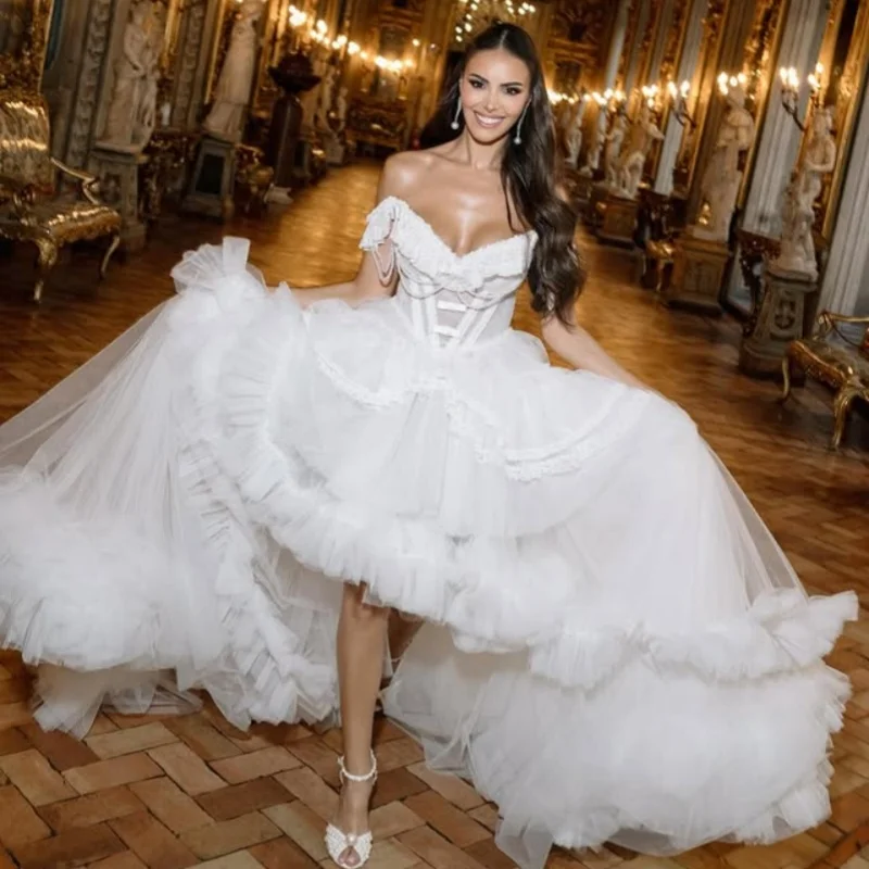 

Simple style ivory white V-neck Lace layering Wedding Dresses of A-line Bridal Gowns Made Dress Customized