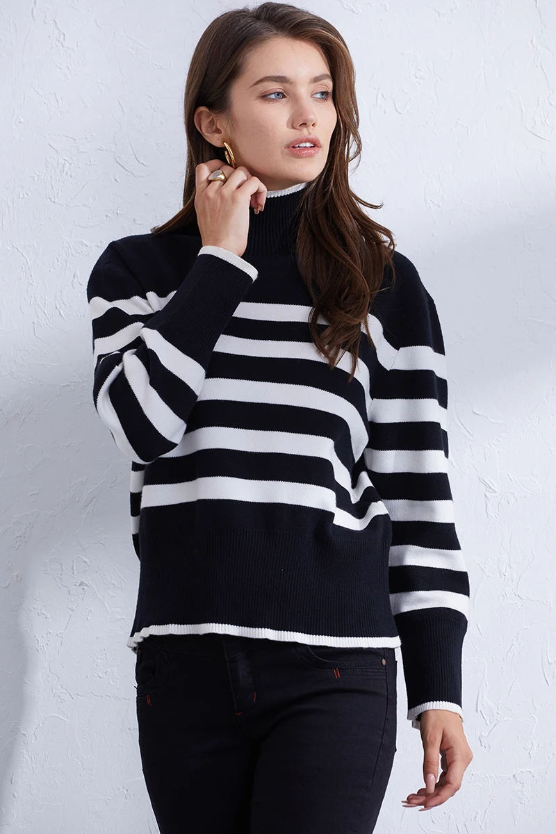 Cozy High Neck Thick Knit Sweater Woman Winter Turtleneck Long Sleeve Sweater Oversized Black Striped Knitted Sweater For Women