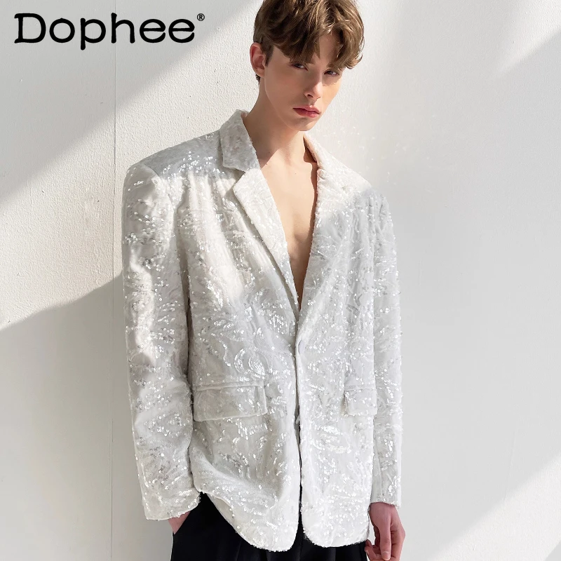 

Men's 2025 Spring Autumn New Sequin Solid Color Lapel Blazers Loose Comfortable Suit Jackets Handsome Long Sleeve Tailored Coats
