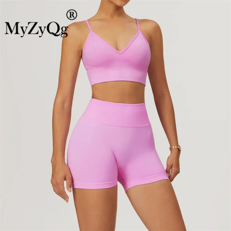 MyZyQg Women Seamless Crossover Back Yoga Bra Shorts Set Summer Sports Quick Dry Top Fitnes Workout Suit 2 Piece Outfit