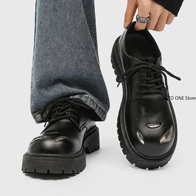 

Platform Men New Handmade Leather Shoes Round Head Dress Shoes Fashion Black Non Slip Platform Oxfords Casual Derby Shoe 39-44