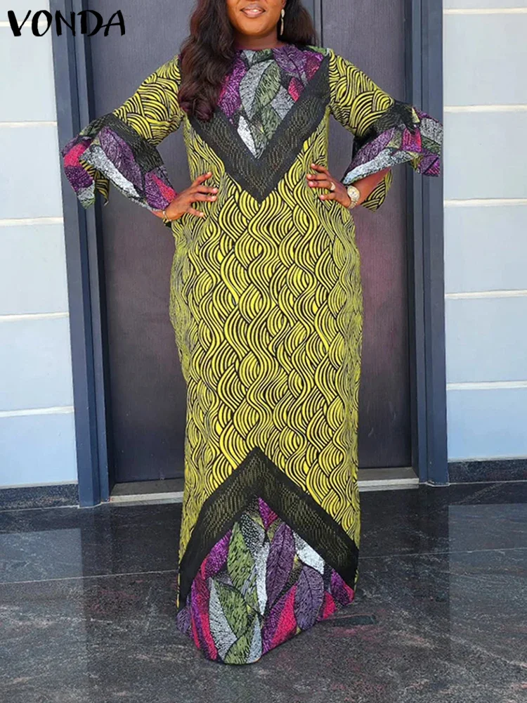 

Plus Size 5XL VONDA Vintage Printed Maxi Long Dress Women 3/4 Sleeve Sundress Fashion Autumn Party Vestidos Casual Loose Robe
