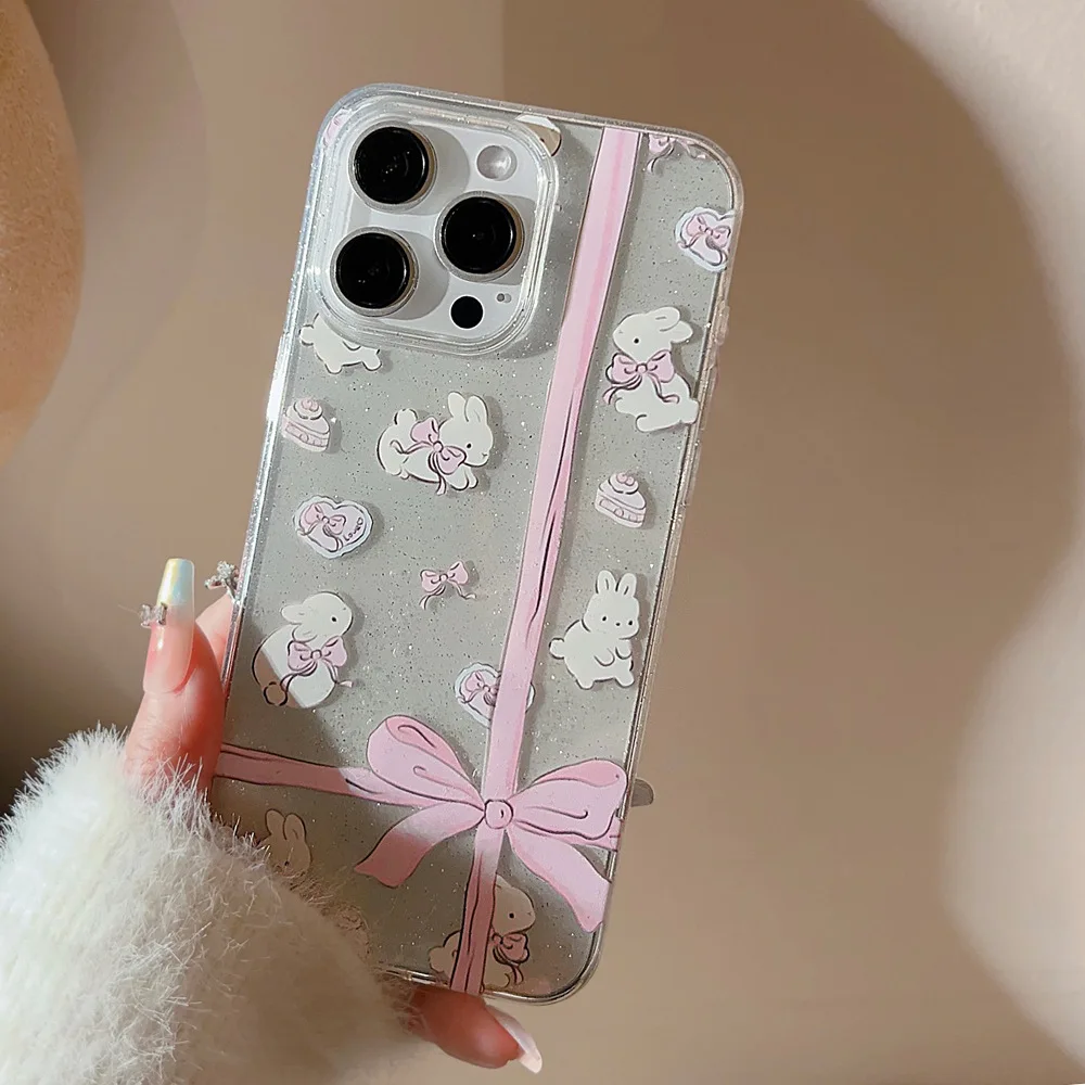 풀 스크린 반짝이 만화 귀여운 나비 매듭 토끼 충격 방지 보호 폰 커버 케이스, 아이폰 16, 15, 14, 13, 12, 11 프로 맥스 플러스