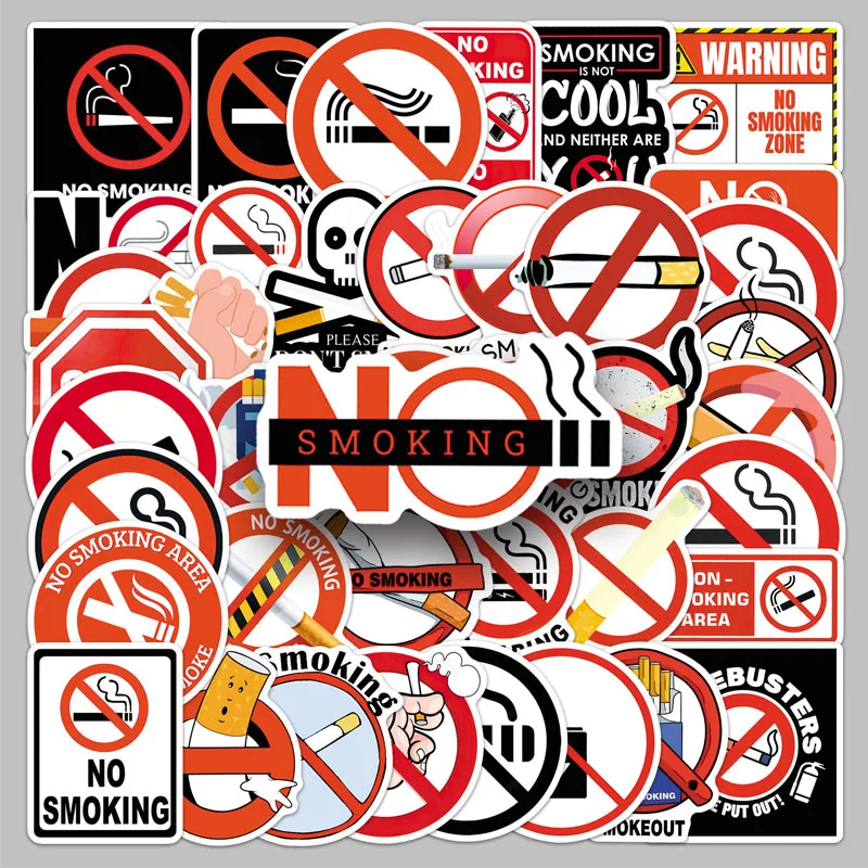 50Pcs No Smoking Warning Sign Stickers Cool Decals for Laptop Skateboard Fridge Guitar Motorcycle DIY Decor