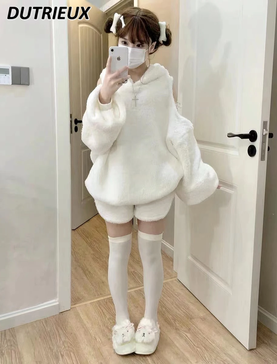 2023 New Spring Autumn Off-the-Shoulder Cute Japanese Style Soft Girl Lambswool Pullover Hoodies Coat Pullover Shorts Set Women