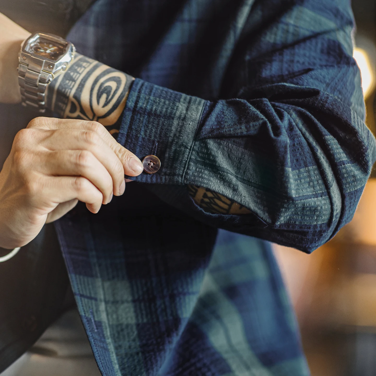 Мужская винтажная сине-зеленая клетчатая рубашка Maden, хлопковые рубашки с длинными рукавами, однобортная блузка с вышивкой рыбы на весну и осень