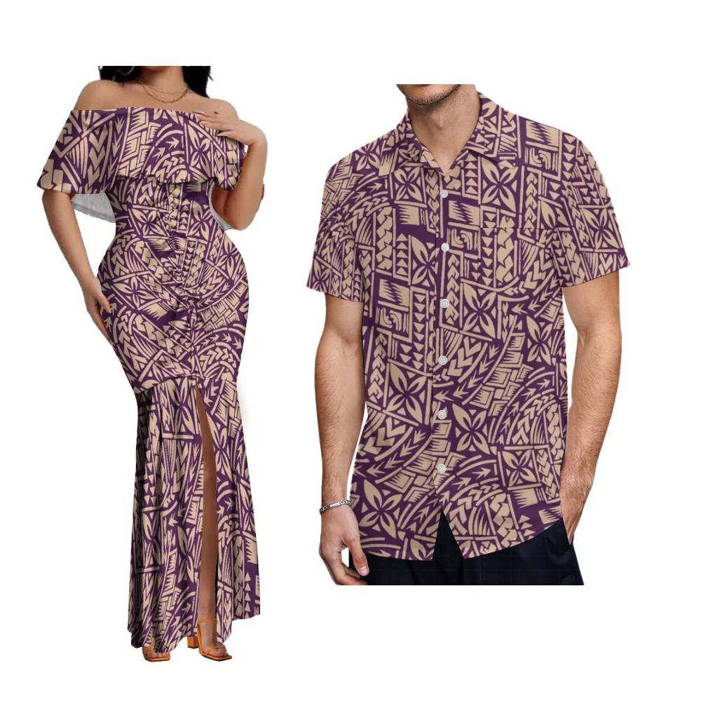 우아한 원숄더 피쉬테일 드레스 (여성용) 폴리네시안 아일랜드 커플 세트 & 남성용 포켓 셔츠 사모아 플로럴 프린트