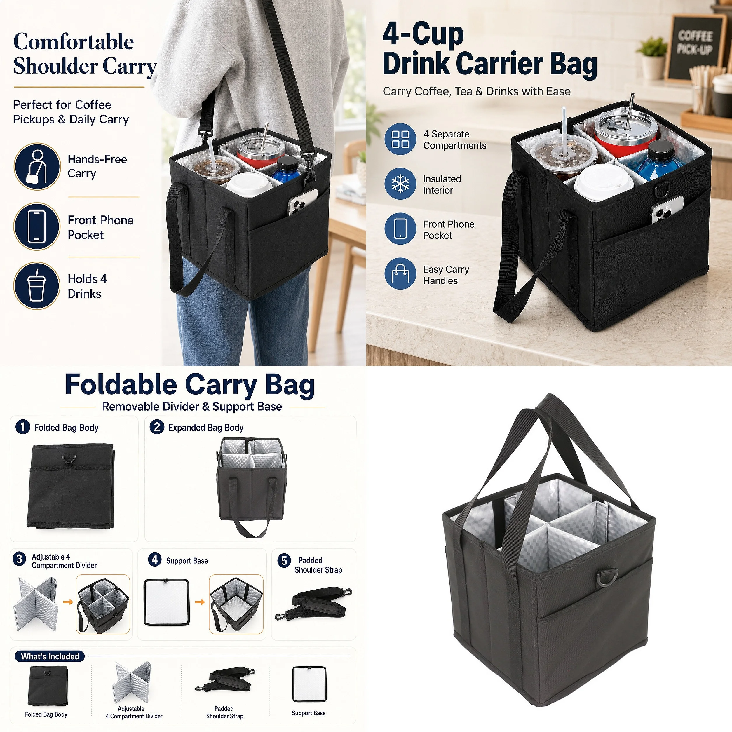 Fashion 4 Grid Insulated Water Cup Bag Car Cup Holder Organizer Foldable Coffee Tea Tote